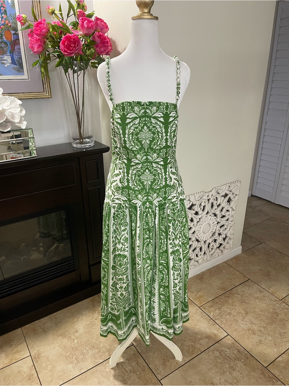FARM Rio Green and White Printed Midi Dress size large